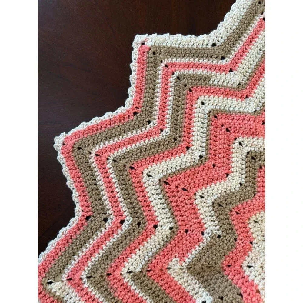Handmade 12 Point Crochet Knit Star Baby Blanket Afghan Pink Brown Striped
